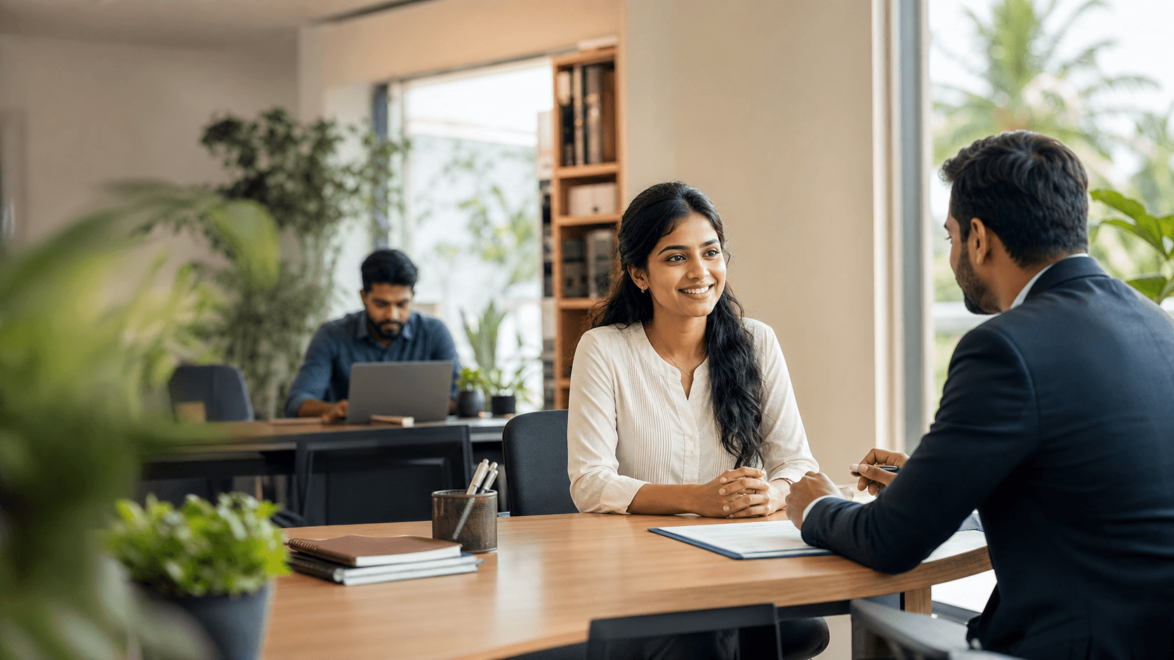 A job seeker meeting a placement advisor in Kerala